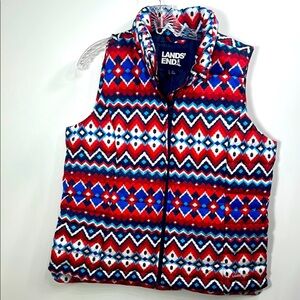 Lands’ End 600 Down Fill Vest Red Blue Pattern size large (14-16). NWT.